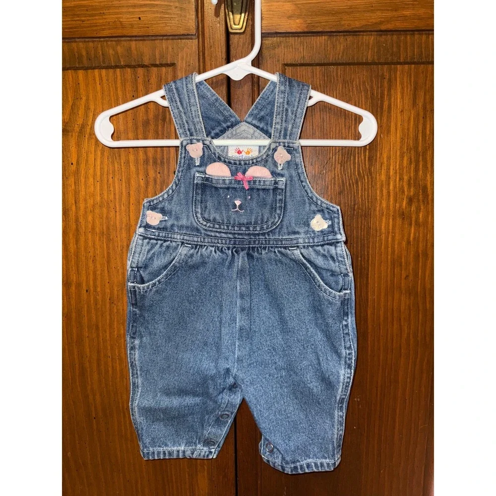 Y2K Carter's Baby Girl Denim Bear Overalls Romper 0-3 Months 100% Cotton
